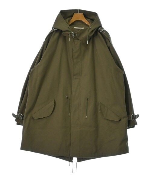 CELINE Khaki Military Coat Size Large with Hood: CELINE Khaki Military Coat Size Large with Hood A stylish CELINE military coat in khaki, perfect for spring and summer. This coat features a regular fit and is designed with a jacket length of 38 inch