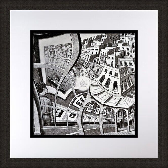 M.C. Escher The Print Gallery Framed Lithograph 16x16 Black Frame: M.C. Escher The Print Gallery Framed Lithograph 16x16 Black Frame M.C. Escher - Print Gallery Custom Gallery Framed Print features a medium-sized lithograph titled "The Print Gallery". This artwork sh