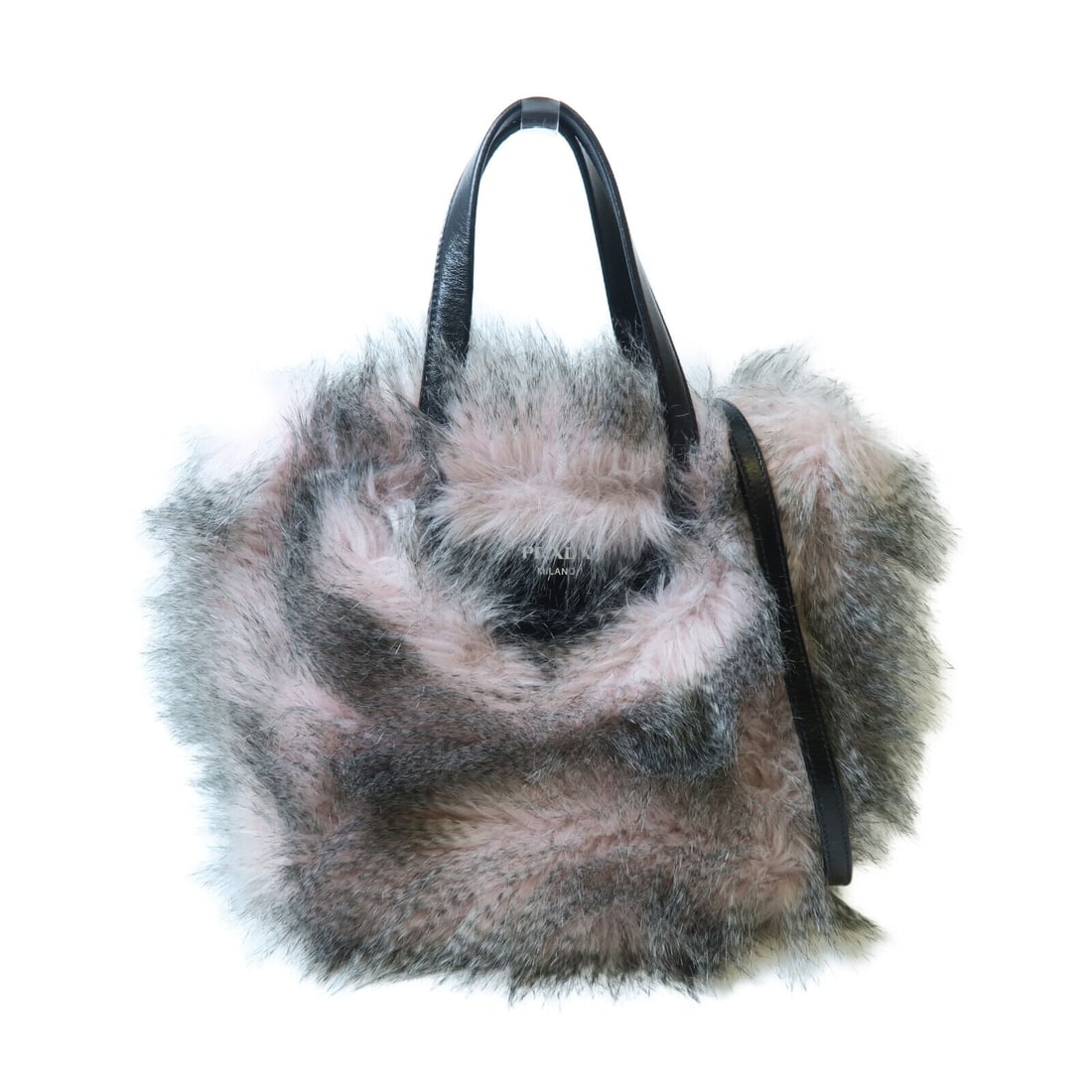 PRADA 2 Way Shoulder Bag in Fluff Pink and Black Faux Fur: PRADA 2 Way Shoulder Bag in Fluff Pink and Black Faux Fur This stylish PRADA 2 Way Shoulder Bag features a chic fluff pink and black design, crafted from high-quality Other. The bag measures 9.4 inche