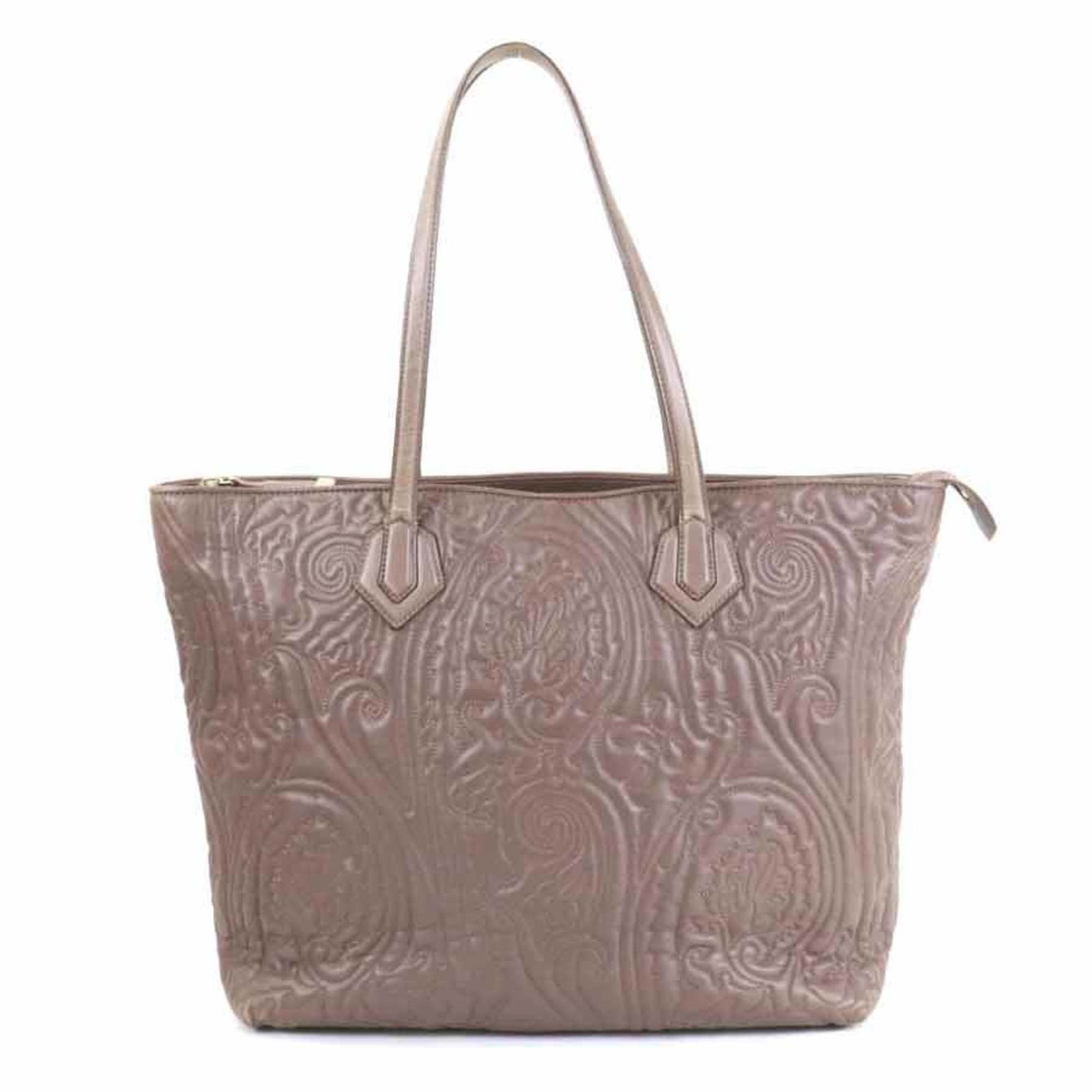 Etro Leather Shoulder Tote Bag in Gray Brown Paisley Design: Etro Leather Shoulder Tote Bag in Gray Brown Paisley Design This stylish shoulder tote bag by Etro is crafted from leather and features a beautiful paisley design in gray and brown tones. It measures
