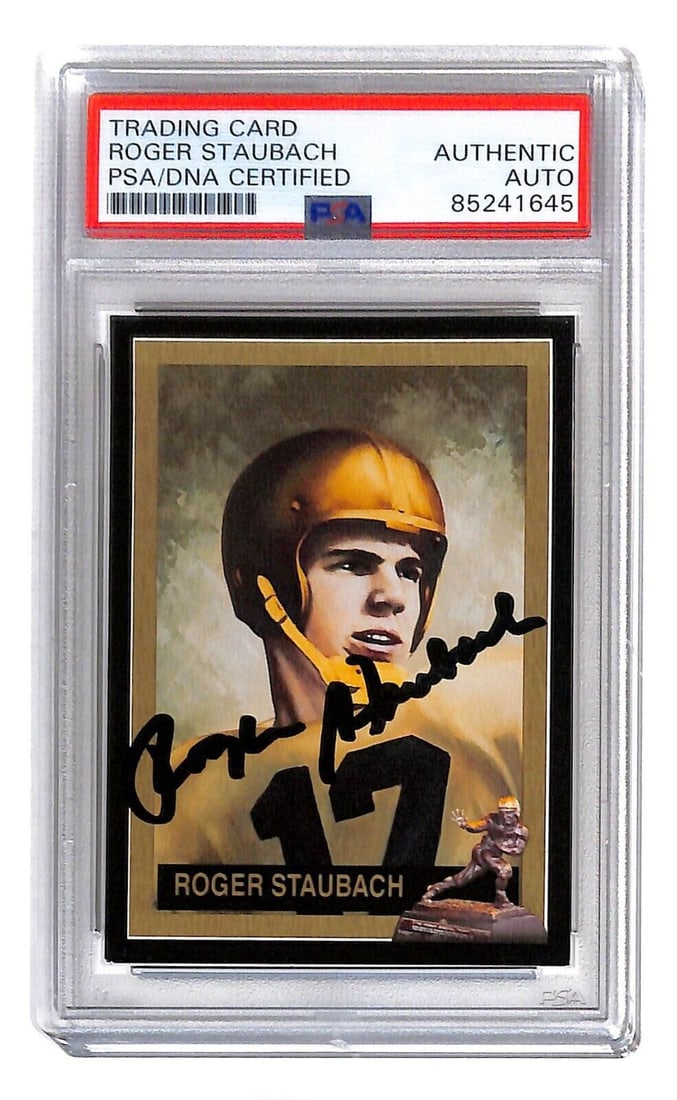 Roger Staubach Autographed 1963 Heisman Football Card Navy Midshipmen PSA/DNA: Roger Staubach Autographed 1963 Heisman Football Card Navy Midshipmen PSA/DNA This is an original 1963 football card autographed by Roger Staubach, a legendary player from the Navy Midshipmen. The aut