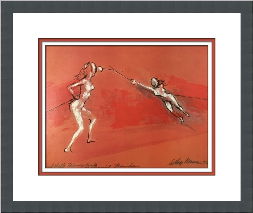 Leroy Neiman Red Fencers Custom Framed Lithograph Print: Leroy Neiman Red Fencers Custom Framed Lithograph Print This vibrant artwork titled 'Red Fencers' by Leroy Neiman is a medium-sized, custom framed print created in 2000. The piece features a landscape