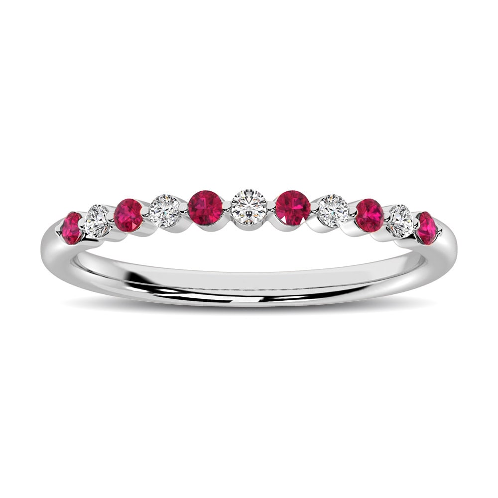 14K White Gold Diamond and Ruby Ring 1/4 Ctw: 14K White Gold Alternate Diamond 1/4 Ctw and Ruby Ring Add some color to your stack with this sleek and shimmering gemstone and diamond band. Crafted in cool 14K white gold, this sparkler featur