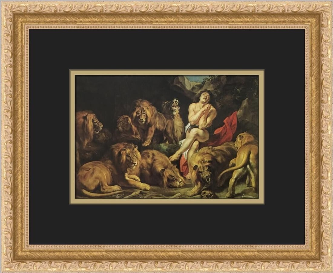 Peter Paul Rubens Daniel in the Lions Den Custom Framed Print: Peter Paul Rubens Daniel in the Lions Den Custom Framed Print This custom framed print of 'Daniel in the Lions Den' by Peter Paul Rubens features a medium size of 14 inches in length and 12 inches in 