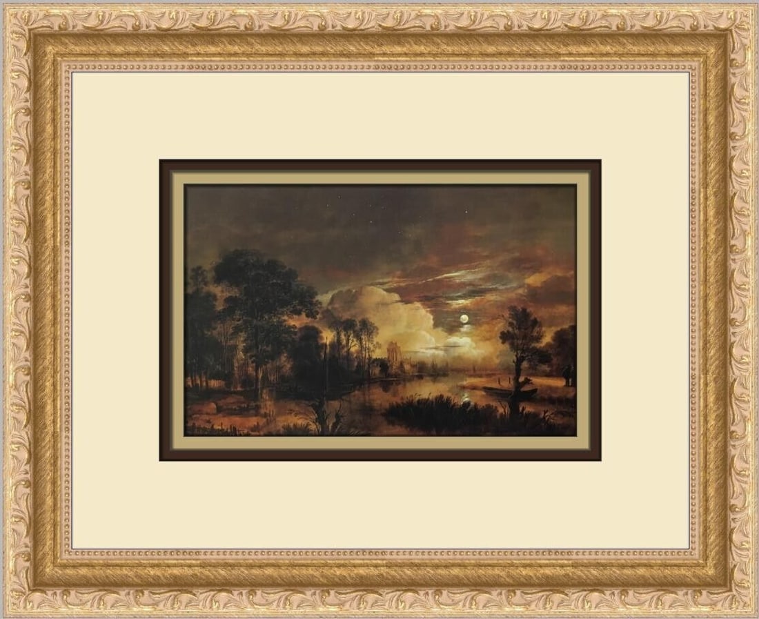 Aert Van Der Neer Moonlight Landscape Custom Framed Print 11x13 in: Aert Van Der Neer Moonlight Landscape Custom Framed Print 11x13 in This beautiful custom framed print features Aert Van Der Neer's 'Moonlight Landscape,' showcasing a realism style. The print is matte