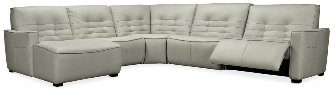 Reaux 5-Piece Grey Leather Sectional with 2 Power Recliners: Reaux 5-Piece Grey Leather Sectional with 2 Power Recliners The Reaux 5-Piece Sectional features two power recliners and is upholstered in luxurious grey leather. This modern contemporary sectional bo