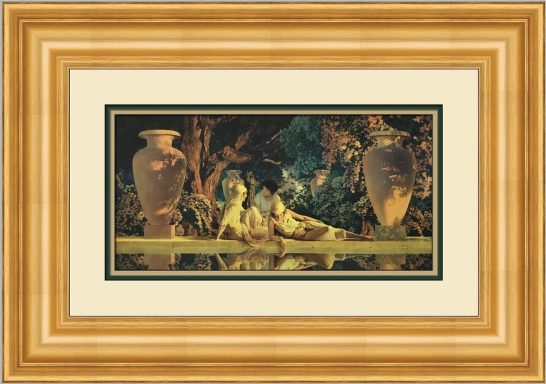 Maxfield Parrish Garden of Allah Framed Print 24x17 in Fantasy Realism Art: Maxfield Parrish Garden of Allah Framed Print 24x17 in Fantasy Realism Art This stunning custom framed print features Maxfield Parrish's 'Garden of Allah,' produced in 1979. It is framed in a 3 Gold P