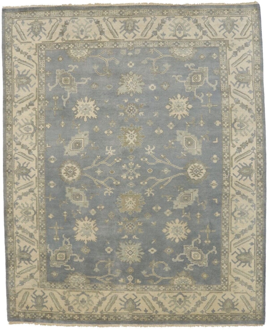 Muted Gray Floral Oushak Chobi 8X10 Hand-Knotted Wool Area Rug: Muted Gray Floral Oushak Chobi 8X10 Hand-Knotted Wool Area Rug This exquisite hand-knotted wool Oriental rug features a muted gray floral design, perfect for adding a touch of vintage elegance to your