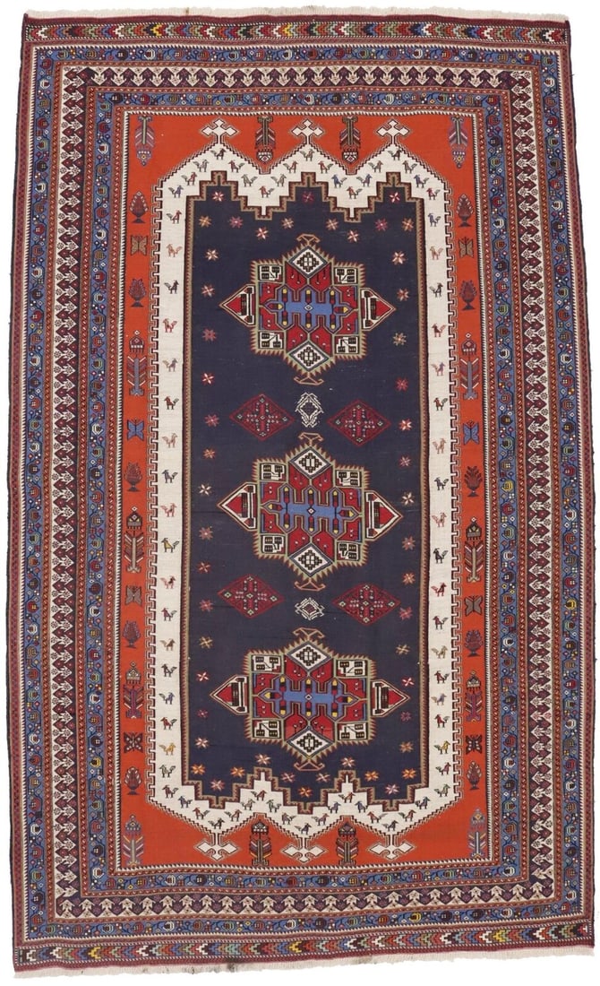 Hand-Woven Sumak Pictorial Area Rug 46x76 in Wool Floral Modern Tribal: Hand-Woven Sumak Pictorial Area Rug 46x76 in Wool Floral Modern Tribal Enhance your living space with this hand-woven Sumak pictorial area rug, featuring a vibrant floral pattern in plum, orange, crea