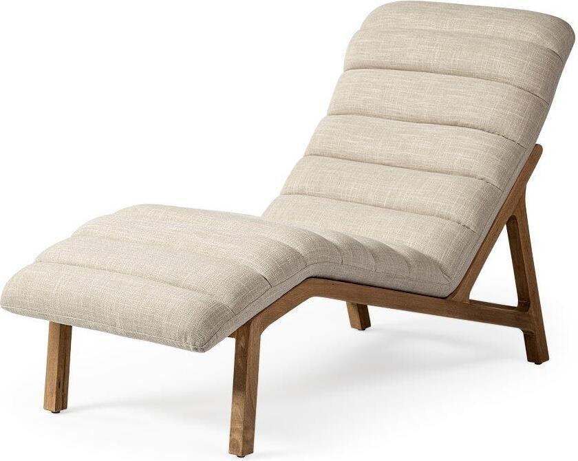 Pierre Beige Fabric Upholstered Armless Chaise Lounge Chair: Pierre Beige Fabric Upholstered Armless Chaise Lounge Chair The Pierre Beige Fabric Upholstered Armless Chaise Lounge Chair features a robust solid rubberwood frame finished in light brown. It showcas