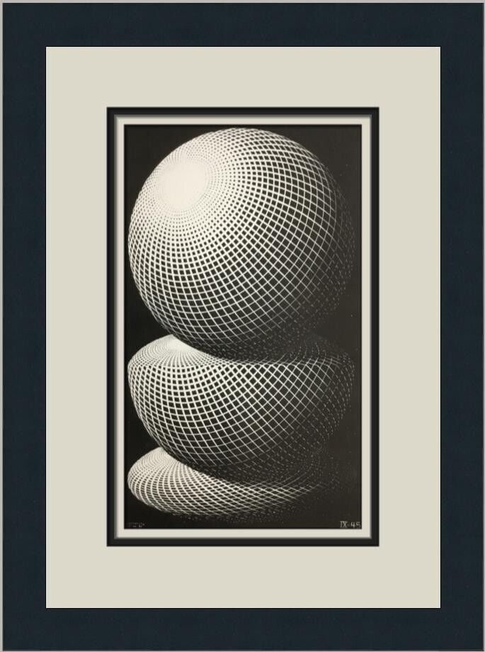 M.C. Escher Three Spheres I Custom Framed Print 12x15 in Abstract Modernism: M.C. Escher Three Spheres I Custom Framed Print 12x15 in Abstract Modernism This custom framed print titled 'Three Spheres I' by M.C. Escher is a stunning piece of abstract modernism from 1974. Measur