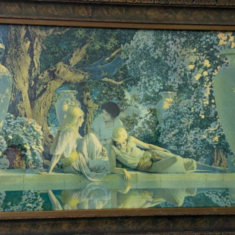 Maxfield Parrish Garden of Allah Crane Lithograph 1918 12in x 21in: Maxfield Parrish Garden of Allah Crane Lithograph 1918 12in x 21in Maxfield Parrish's "Garden of Allah" Crane Lithograph from 1918, showcasing stunning artistry. Dimensions are 12 inches in height, 21