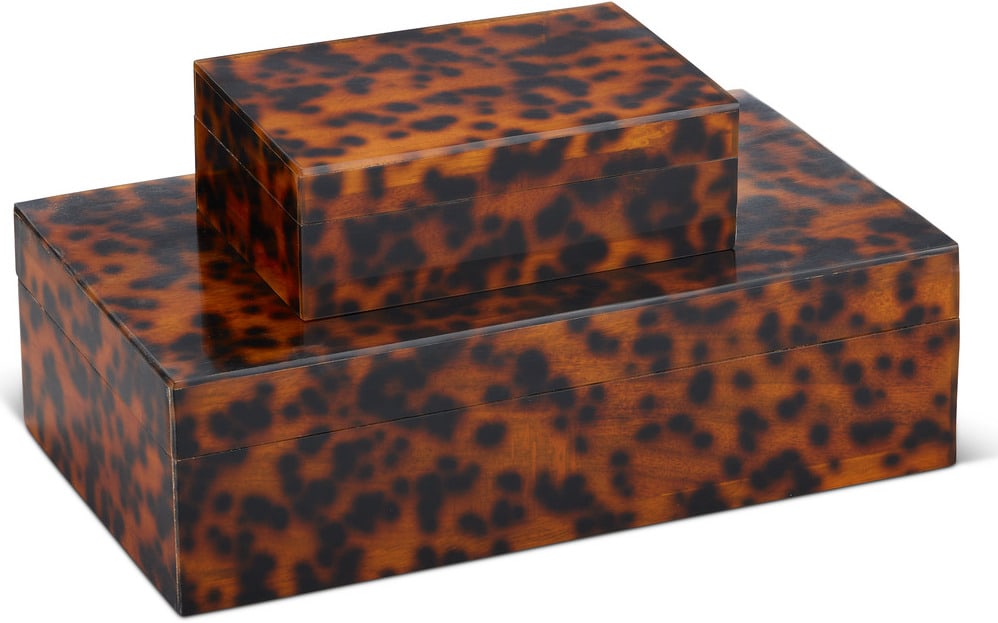 Faux Tortoise Decorative Box Set of 2 in Brown: Faux Tortoise Decorative Box Set of 2 in Brown This Faux Tortoise Box Set includes 2 decorative boxes made of black and brown mottled composite. The chic tortoiseshell pattern adds timeless elegance,