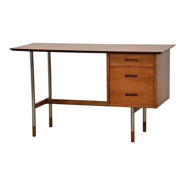 1960s Mid-Century Modern Walnut Desk by Jack Cartwright: 1960s Mid-Century Modern Walnut Desk by Jack Cartwright This 1960s Jack Cartwright Founders Walnut Desk features a spectacular mid-century modern design with a polished steel frame, crafted by Jack Ca
