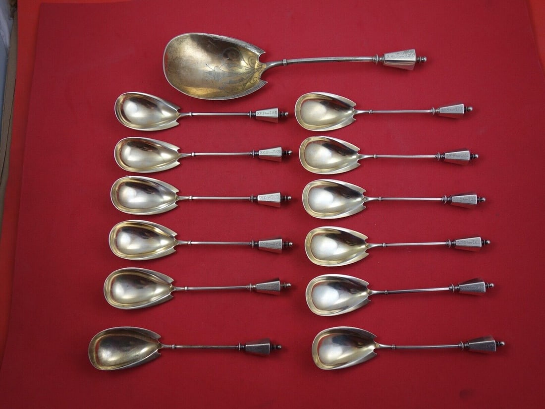George Sharp Sterling Silver 13-Pc Ice Cream Set Server 9 Inches Spoons 5 7/8 Inches: George Sharp Sterling Silver 13-Pc Ice Cream Set Server 9 Inches Spoons 5 7/8 Inches This George Sharp Sterling Silver Ice Cream Set consists of 13 pieces, featuring a bright-cut design. The set inclu