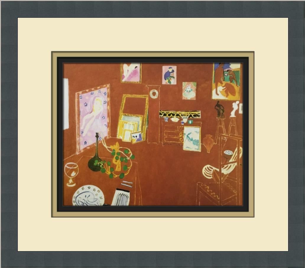 Henri Matisse The Red Studio Custom Framed Print 14x16 in: Henri Matisse The Red Studio Custom Framed Print 14x16 in This custom framed print features Henri Matisse's artwork 'The Red Studio.' The print is an offset lithograph produced in 1990, showcasing a f