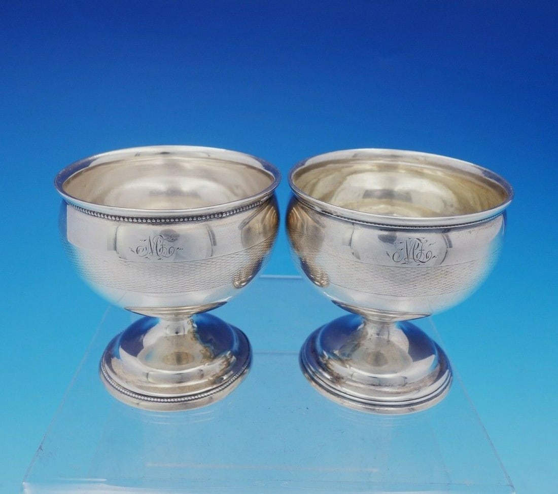 George Sharp Coin Silver Salt Cellars Pair with Engraved Band 2.5 inches: George Sharp Coin Silver Salt Cellars Pair with Engraved Band 2.5 inches George Sharp Coin Silver Salt Cellars Pair with Band of Engraved Design. This spectacular pair of coin silver salt cellars feat