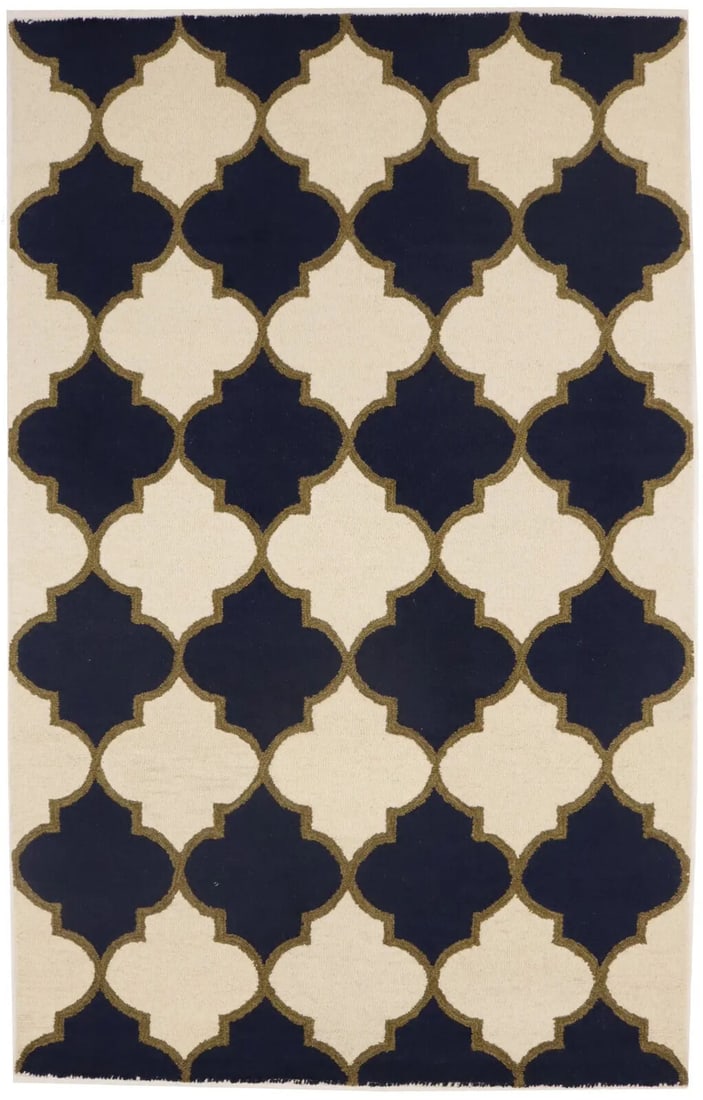 Rare Multicolored Hand-Tufted 5x8 Modern Rug: Rare Multicolored Hand-Tufted 5x8 Modern Rug This rare hand-tufted rug features a multicolored trellis pattern with shades of cream, dark navy, and khaki. Measuring 5 feet by 8 feet, it is made of hig