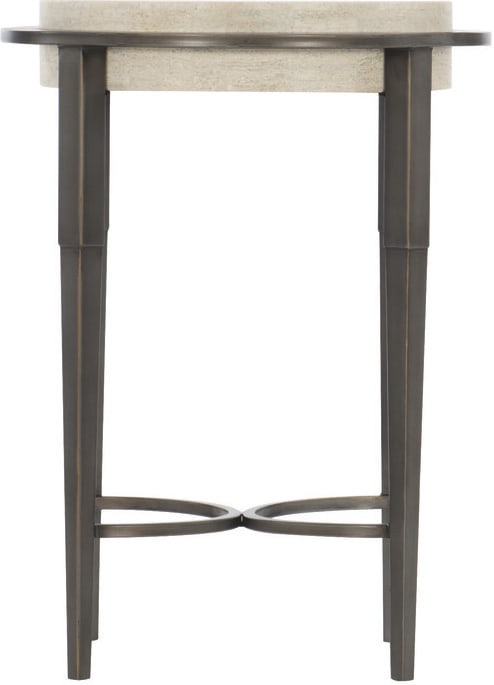 Barclay Accent Table with White Travertine Top and Antique Pewter Base: Barclay Accent Table with White Travertine Top and Antique Pewter Base The Barclay drink table features a thick inset honed white travertine stone top that floats on a plated steel base finished in an
