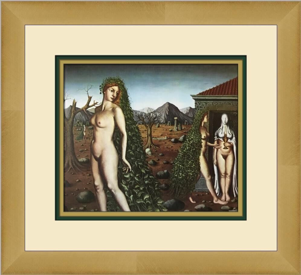 Paul Delvaux The Call of the Night Custom Framed Art Print 15in x 14in: Paul Delvaux The Call of the Night Custom Framed Art Print 15in x 14in This custom framed print by Paul Delvaux features the artwork "The Call of the Night". The print, produced in 2001, showcases a m