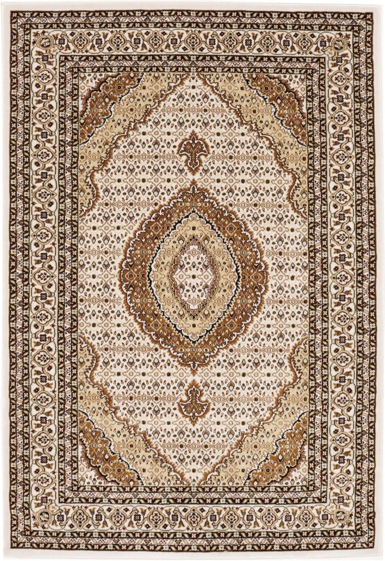Vintage Floral Area Rug 4x6 Ivory Knotted Machine-Made: Vintage Floral Area Rug 4x6 Ivory Knotted Machine-Made This vintage-style area rug features a classic floral design in ivory, beige, brown, and black. Made from durable polypropylene, it is machine-ma
