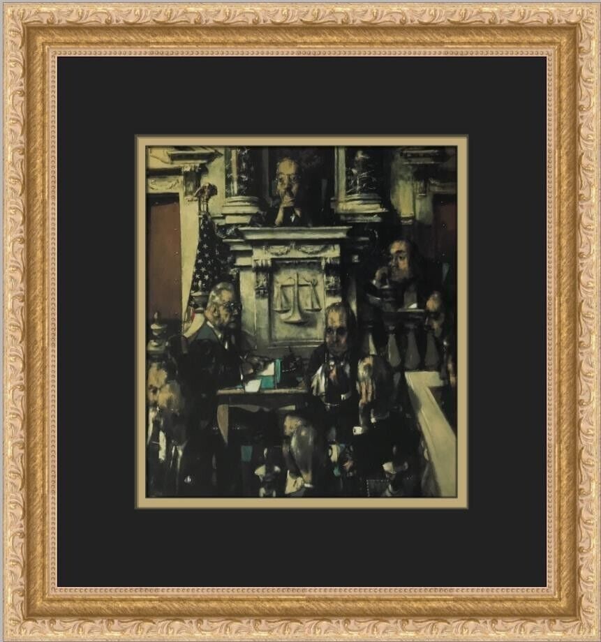 Jack Levine The Trial Custom Framed Print 14x12in Gold Ornate Frame: Jack Levine The Trial Custom Framed Print 14x12in Gold Ornate Frame This custom framed print titled 'The Trial' by artist Jack Levine features a medium-sized offset lithograph. It is framed in a gold