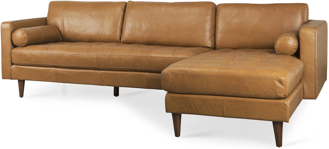 Svend Right-Chaise Sectional Sofa in Tan Leather: Svend Right-Chaise Sectional Sofa in Tan Leather The Svend Right-Chaise Sectional Sofa is a magnificent addition to a cozy, contemporary interior. Upholstered in luxurious 100% top-grain leather, this