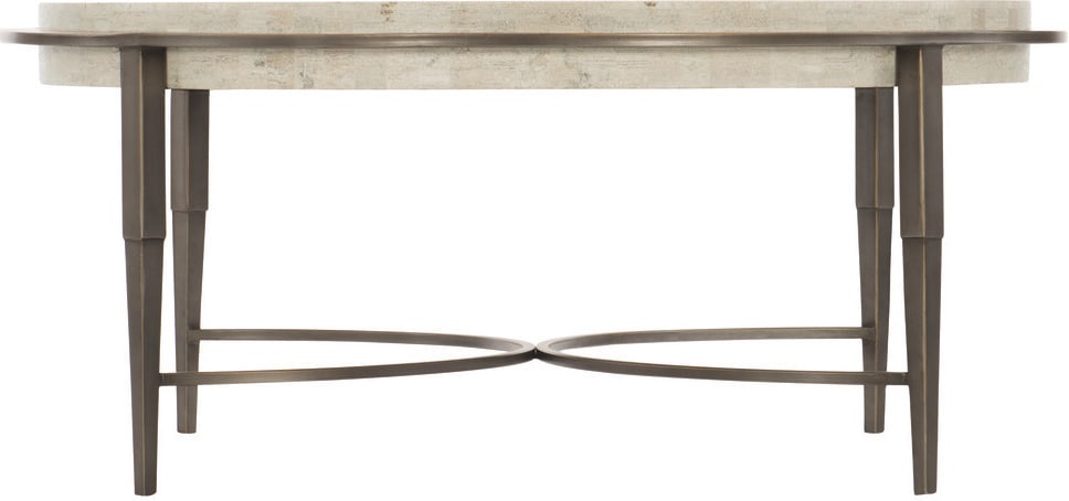 Barclay Round Cocktail Table with White Travertine Top and Antique Pewter Base: Barclay Round Cocktail Table with White Travertine Top and Antique Pewter Base The Barclay round cocktail table features a thick honed white travertine stone top that floats on a plated steel base in