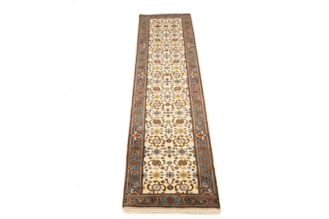 Hand-Knotted Floral Oushak Chobi Runner Rug 3x10 ft Wool: Hand-Knotted Floral Oushak Chobi Runner Rug 3x10 ft Wool This Hand-Knotted Floral Oushak Chobi Runner Rug features a beautiful floral pattern in muted colors including cream, gray, brown, gold, and bl