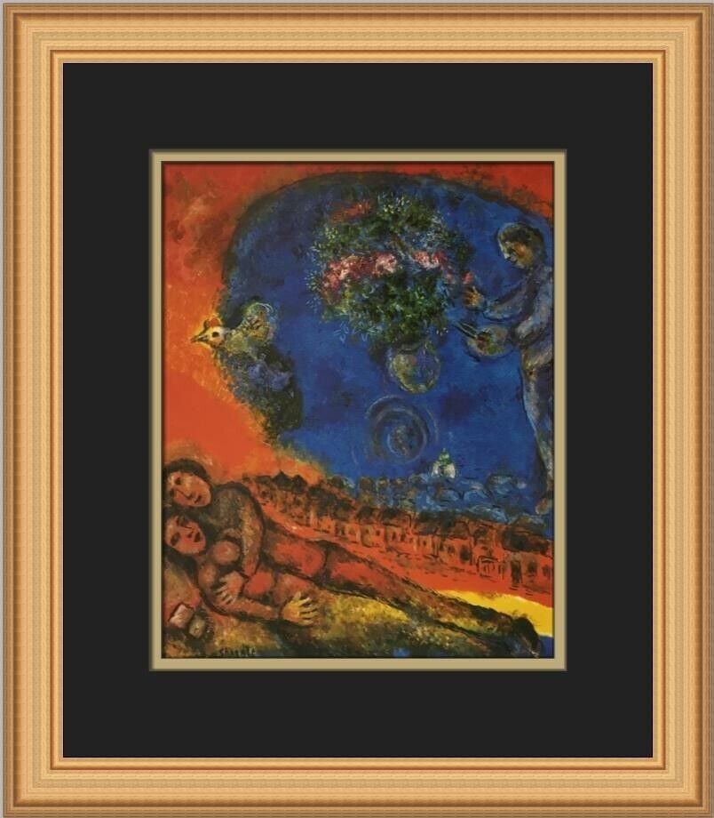 Marc Chagall Couple on a Red Background Framed Print 15x14in: Marc Chagall Couple on a Red Background Framed Print 15x14in This striking medium-sized print titled 'Couple on a Red Background' by Marc Chagall features a captivating cubism and expressionism style.