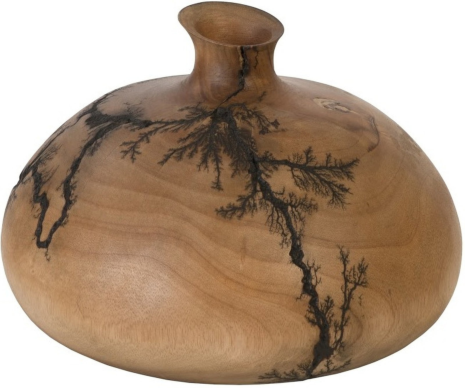 Lightning Round Short-Neck Vase in Natural Wood: Lightning Round Short-Neck Vase in Natural Wood The Lightning Round Short-Neck Vase is carved from natural solid wood, featuring a unique fractal pattern created by skilled artisans using a liquid mat
