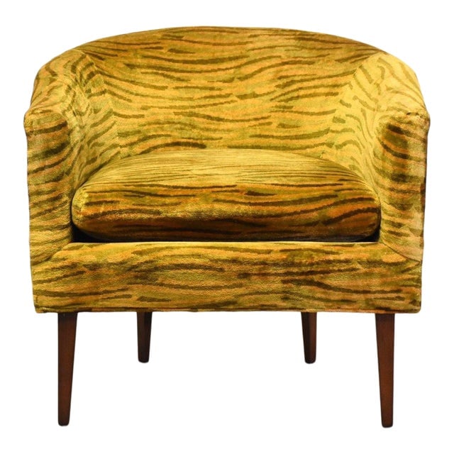 Mid Century Modern Barrel Lounge Chair by Paul McCobb: Mid Century Modern Barrel Lounge Chair by Paul McCobb This mid century modern barrel back lounge chair features a walnut-stained finish and vintage yellow and green fabric, reflecting the style of Pau