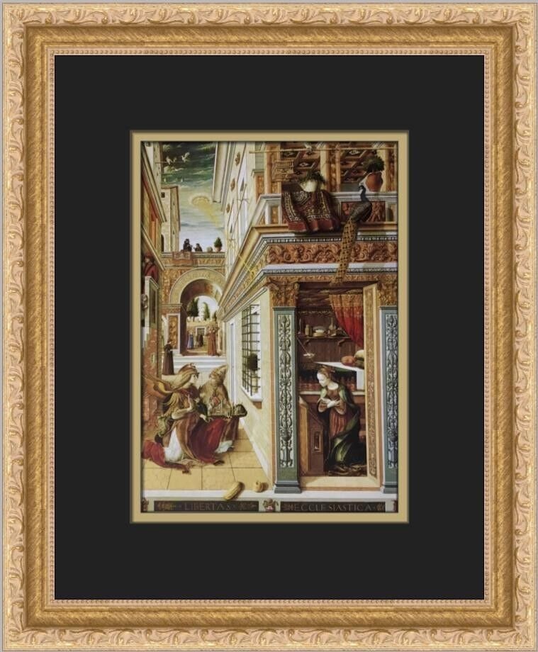 Carlo Crivelli The Annunciation with St. Emidius Custom Framed Art Print: Carlo Crivelli The Annunciation with St. Emidius Custom Framed Art Print This custom framed print features Carlo Crivelli's 'The Annunciation with St. Emidius,' beautifully presented in a gold ornate