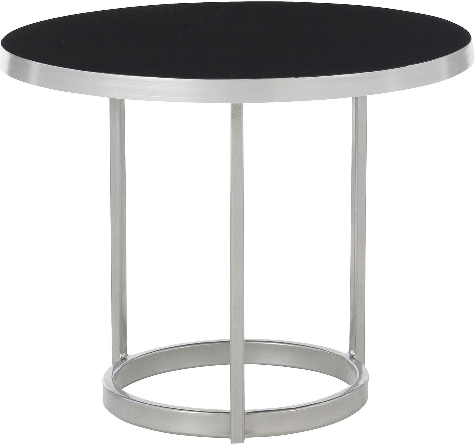 Bonfield Black Cocktail Table with Round Cast Aluminum Top and Nickel Finish Base: Bonfield Black Cocktail Table with Round Cast Aluminum Top and Nickel Finish Base The Bonfield cocktail table features a round cast aluminum top with a black baked enamel finish, providing an elegant