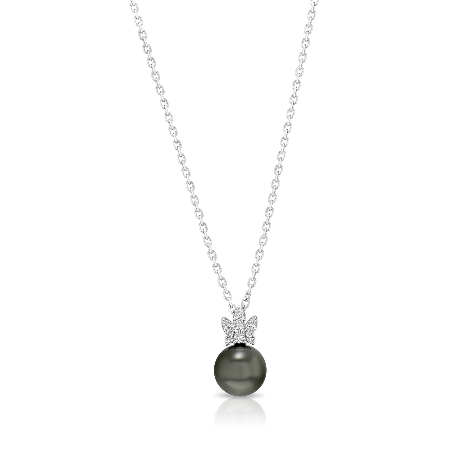 Tahitian Pearl Diamond Pendant 14k White Gold Adjustable Chain: Tahitian Pearl Diamond Pendant 14k White Gold Adjustable Chain A classic pendant featuring an 8mm Tahitian pearl and 11 round brilliant diamonds totaling 0.10ctw, set in 14k white gold. The pendant is