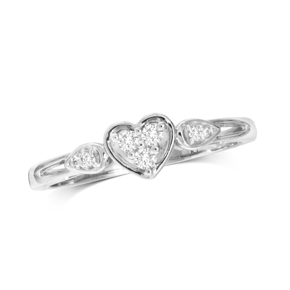 10K White Gold Diamond Heart Ring 1/10 Ct with 5 Round Diamonds: 10K White Gold Diamond Heart Ring 1/10 Ct with 5 Round Diamonds This cute heart-shaped ring is crafted in 10K white gold and features 5 round diamonds with a total carat weight of 1/10 ct set in a mic