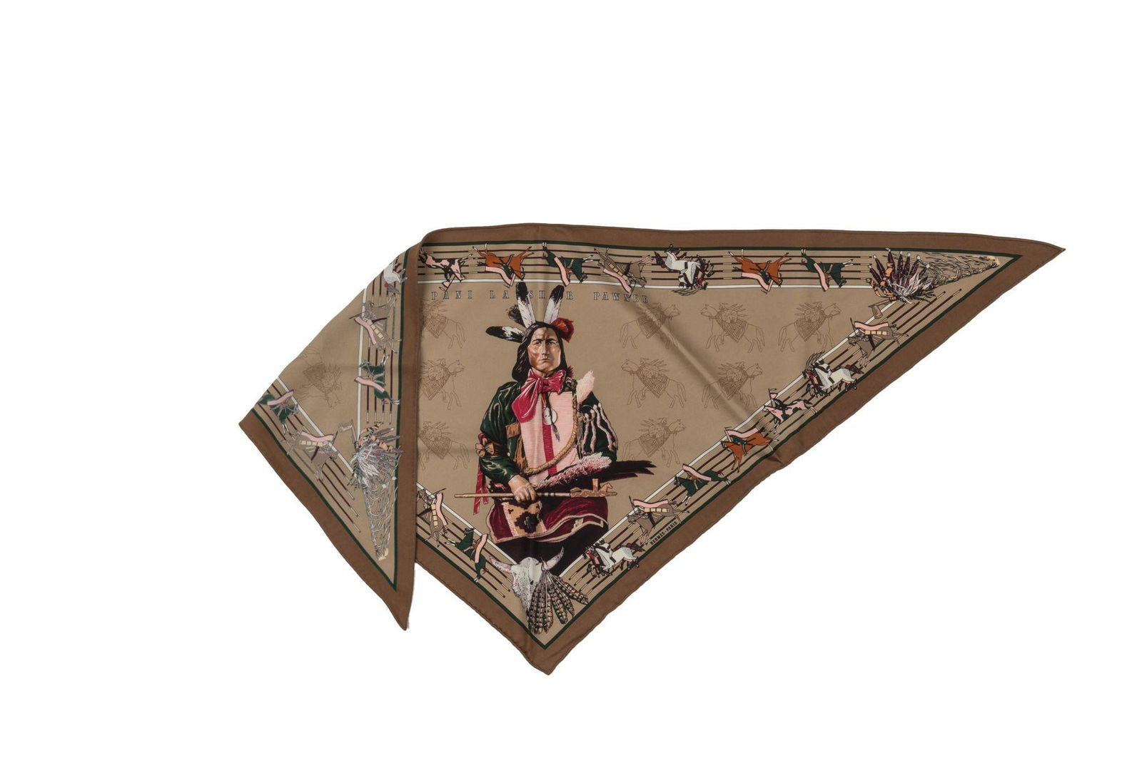 Hermes Pani Etoupe Triangle Silk Scarf 20.5in x 42in Horse Racing Design France: Hermes Pani Etoupe Triangle Silk Scarf 20.5in x 42in Horse Racing Design France Experience luxury with this Hermes Pani Etoupe Triangle Silk Scarf, featuring a striking horse racing theme with multipl
