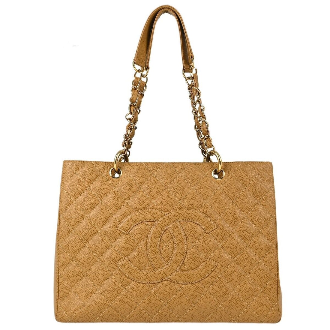 Chanel Beige Caviar Grand Shopping Tote Bag with Chain Strap: Chanel Beige Caviar Grand Shopping Tote Bag with Chain Strap This Chanel Grand Shopping Tote (GST) features a beautiful beige caviar skin leather exterior with quilted accents. Designed for casual occ