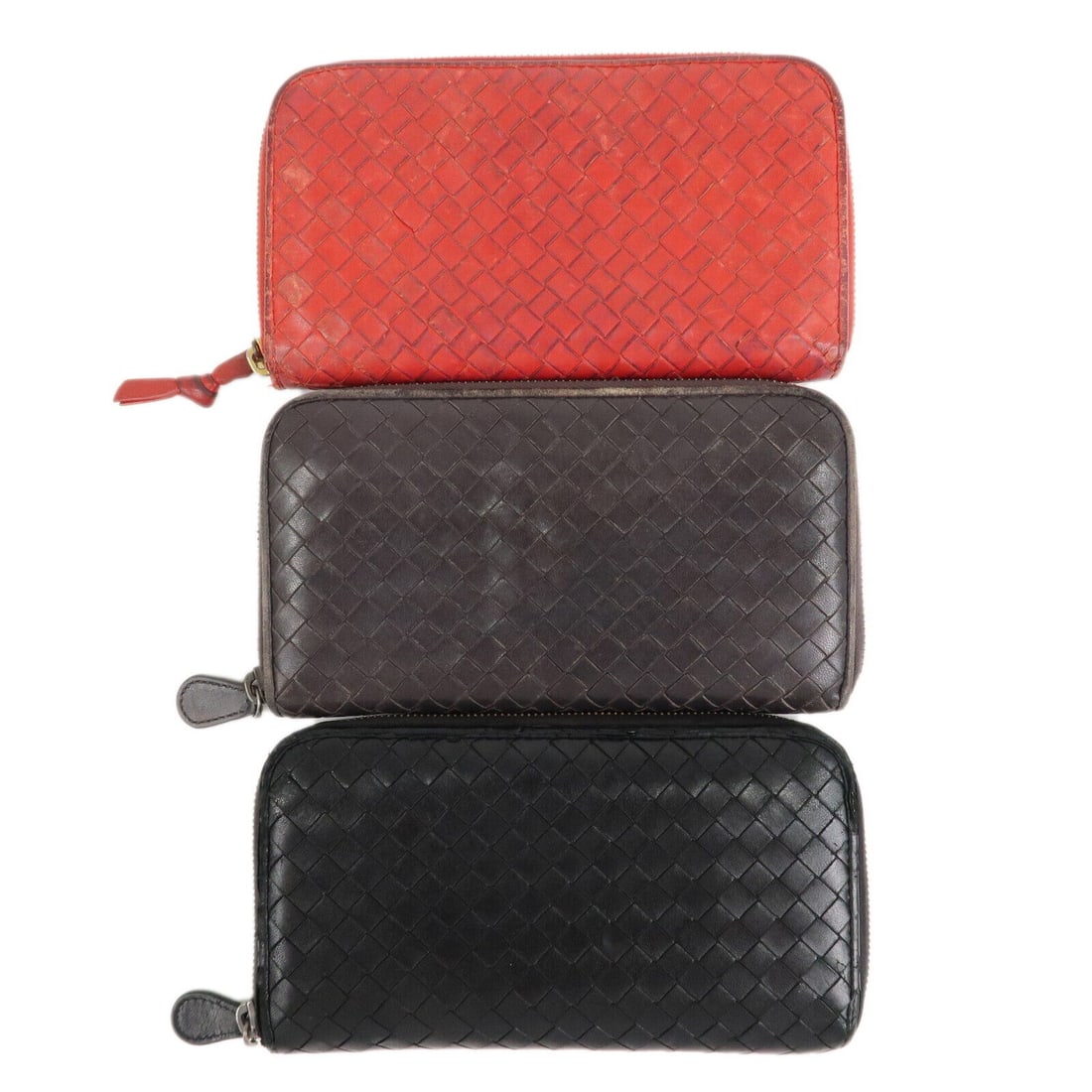 BOTTEGA VENETA Intrecciato Set of 3 Leather Long Wallet 114076 Used F/S: BOTTEGA VENETA Intrecciato Set of 3 Leather Long Wallet 114076 Used F/S Color: : Black / Red / Purple Type: Wallet Style: Wallet Material: : Leather Theme: Designer Pattern: Intrecciato Features: BOTT