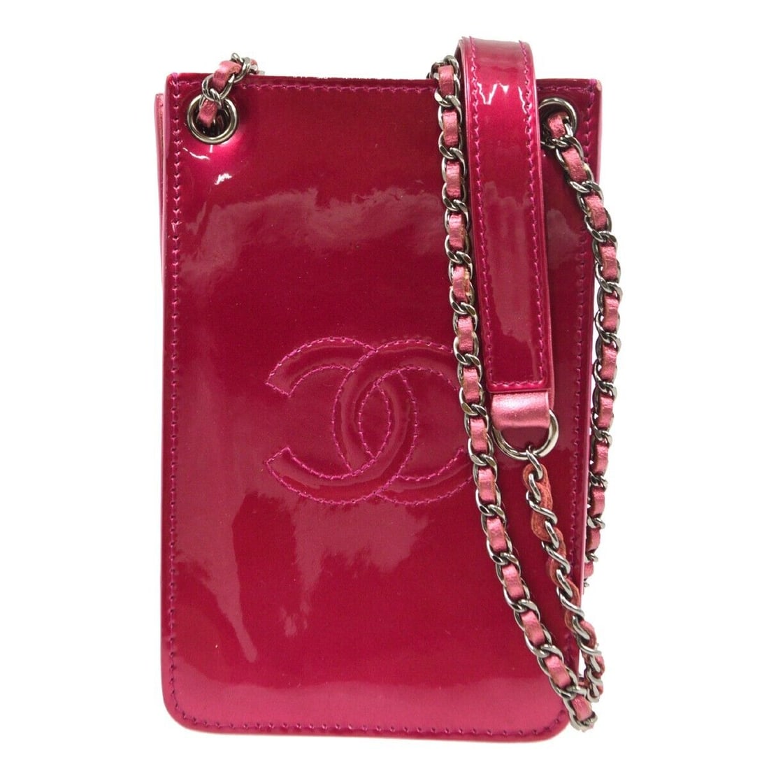 Chanel Pink Patent Leather Shoulder Bag with Chain Strap: Chanel Pink Patent Leather Shoulder Bag with Chain Strap Bag Width: 4 in. Closure: Magnet. Bag Height: 6 in. Size: Small. Lining Material: Canvas. Bag Depth: 1 in. Exterior Material: Patent Leather. A