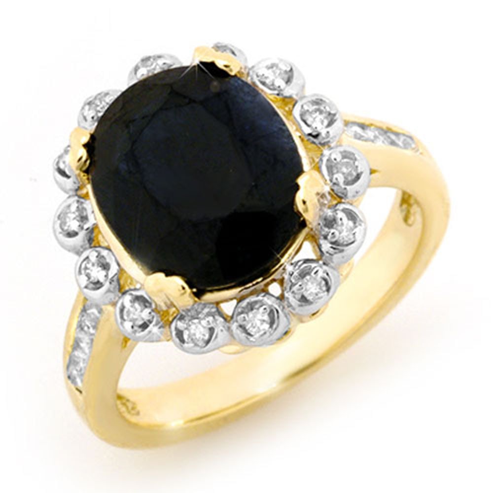 5.33 Carat Blue Sapphire & Diamond Ring in 10K Yellow Gold: 5.33 Carat Blue Sapphire & Diamond Ring in 10K Yellow Gold This stunning 5.33 carat Blue Sapphire and Diamond ring is crafted in solid 10k Yellow Gold, featuring a luxurious designer brand. The ring s