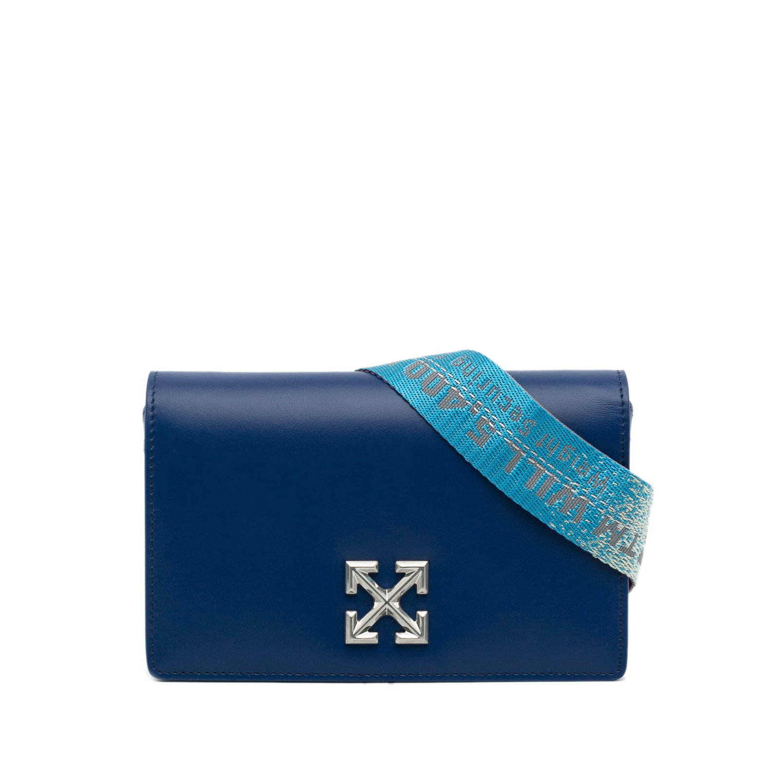Off-White Jitney 0.5 Blue Leather Crossbody Bag from Italy: Off-White Jitney 0.5 Blue Leather Crossbody Bag from Italy This Off-White Jitney 0.5 crossbody bag features a leather body, a flat leather strap, a top flap with a magnetic snap button closure, and in