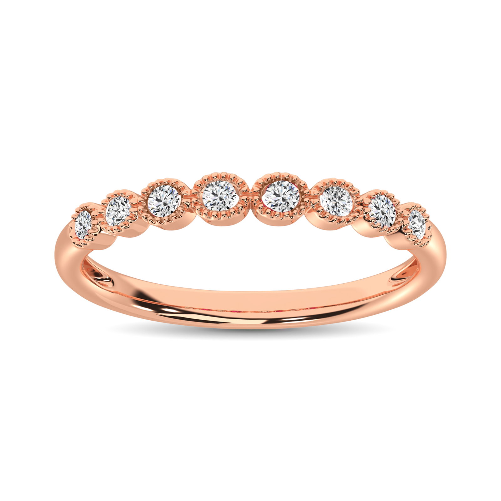 Diamond Stack Band in 14K Rose Gold: Diamond Stack Band in 14K Rose Gold This exquisite stack band features 1/6 ct.t.w. of round diamonds set in 14K rose gold. Available in sizes 4 to 9, it includes a total of 8 diamonds with G-H color a
