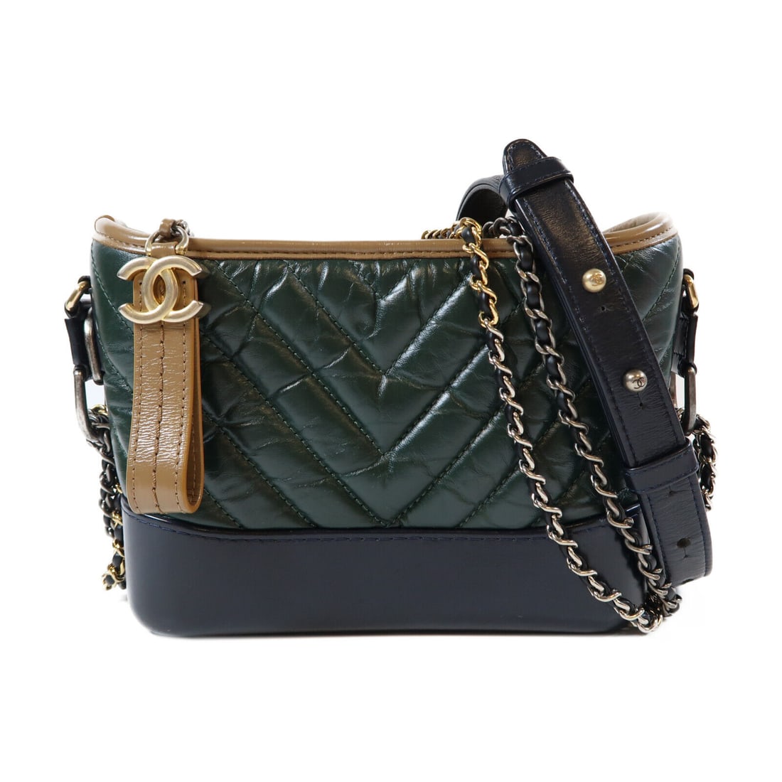 CHANEL Quilted Leather Shoulder Bag Green Blue Brown Golden Chain: CHANEL Quilted Leather Shoulder Bag Green Blue Brown Golden Chain This CHANEL shoulder bag features a charming quilted design in a beautiful green hue. Made from high-quality leather, it offers a styl