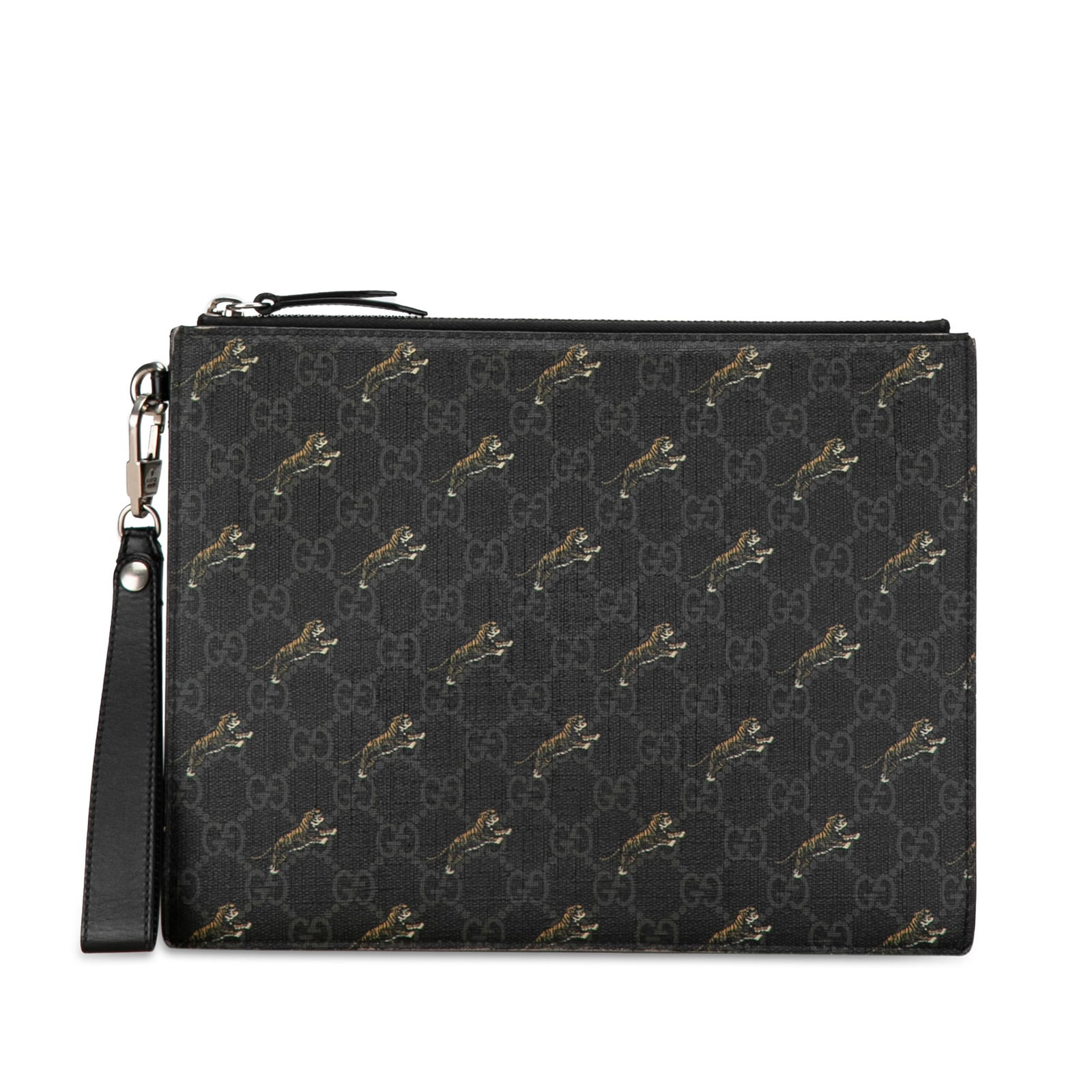 Gucci GG Supreme Tigers Zip Wristlet Pouch Black Coated Canvas: Gucci GG Supreme Tigers Zip Wristlet Pouch Black Coated Canvas This Gucci GG Supreme Tigers Zip Wristlet Pouch features a printed coated canvas body with a top zip closure, a flat leather wrist strap,