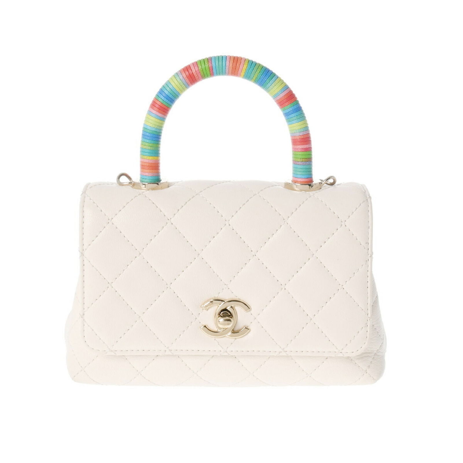 Chanel Matelasse XXS White Calfskin Handbag AS2215 with Champagne Gold Hardware: Chanel Matelasse XXS White Calfskin Handbag AS2215 with Champagne Gold Hardware This Chanel Matelasse XXS handbag in white calfskin features champagne gold hardware and a turn lock closure. Perfectly