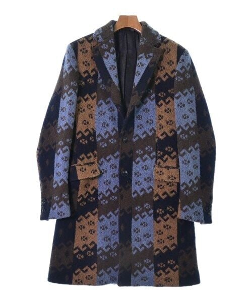 ETRO Long Coat in Brown Light Blue Navy Total Pattern Size M: ETRO Long Coat in Brown Light Blue Navy Total Pattern Size M This ETRO coat features a unique total pattern in shades of brown, light blue, and navy, making it a versatile piece for the fall and winte