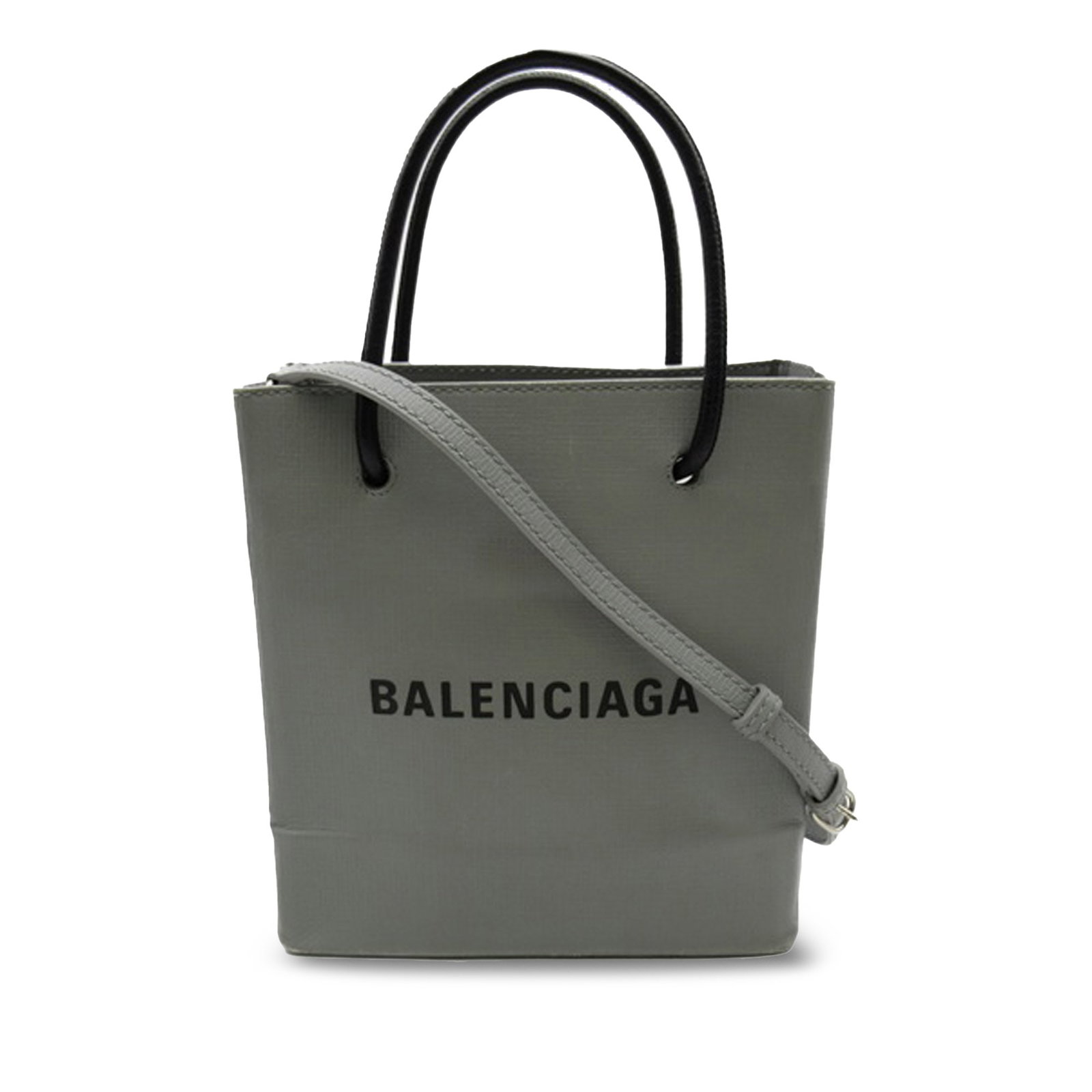 Balenciaga XXS Logo Gray Leather Shopping Tote with Rolled Handles: Balenciaga XXS Logo Gray Leather Shopping Tote with Rolled Handles The XXS Logo Shopping Tote features a leather body, rolled handles, a detachable flat strap, and an open top with magnetic snap butto