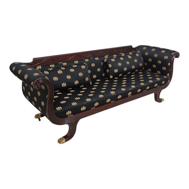 Baker Duncan Phyfe Regency Style Mahogany Sofa: Baker Duncan Phyfe Regency Style Mahogany Sofa Age: Approx: 25 Years Old Details: Carved Details High Quality Construction Duncan Phyfe Design Brass Capped Feet Regency Style Silk Blend Upholstery Gra