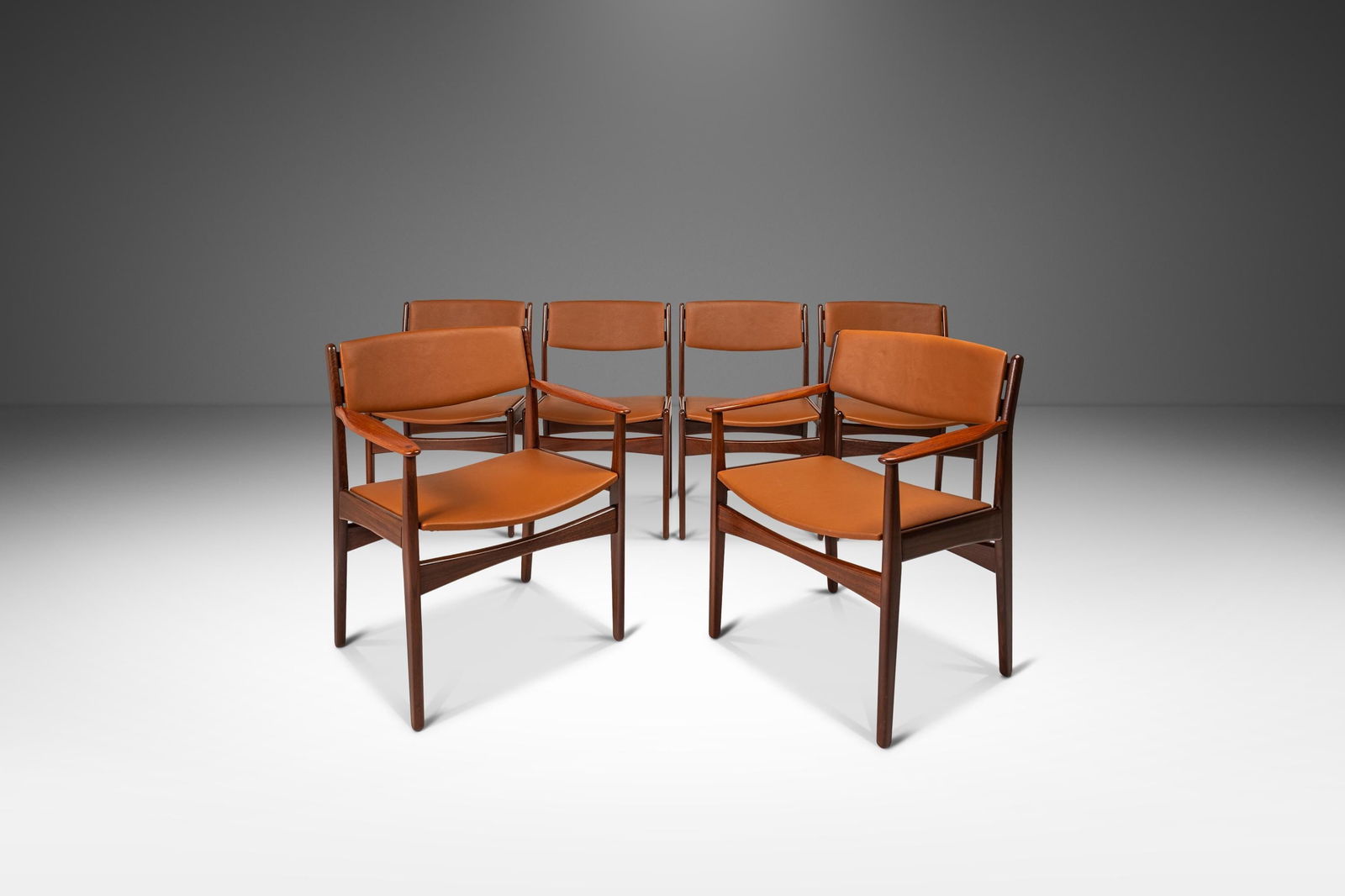 Rare Set of 6 Poul Volther Teak Dining Chairs in Hazel Vinyl: Rare Set of 6 Poul Volther Teak Dining Chairs in Hazel Vinyl Set of Six (6) Danish Mid-Century Modern Dining Chairs in Teak & Vinyl by Poul Volther for Frem Rojle Denmark, circa 1960's. This expansive